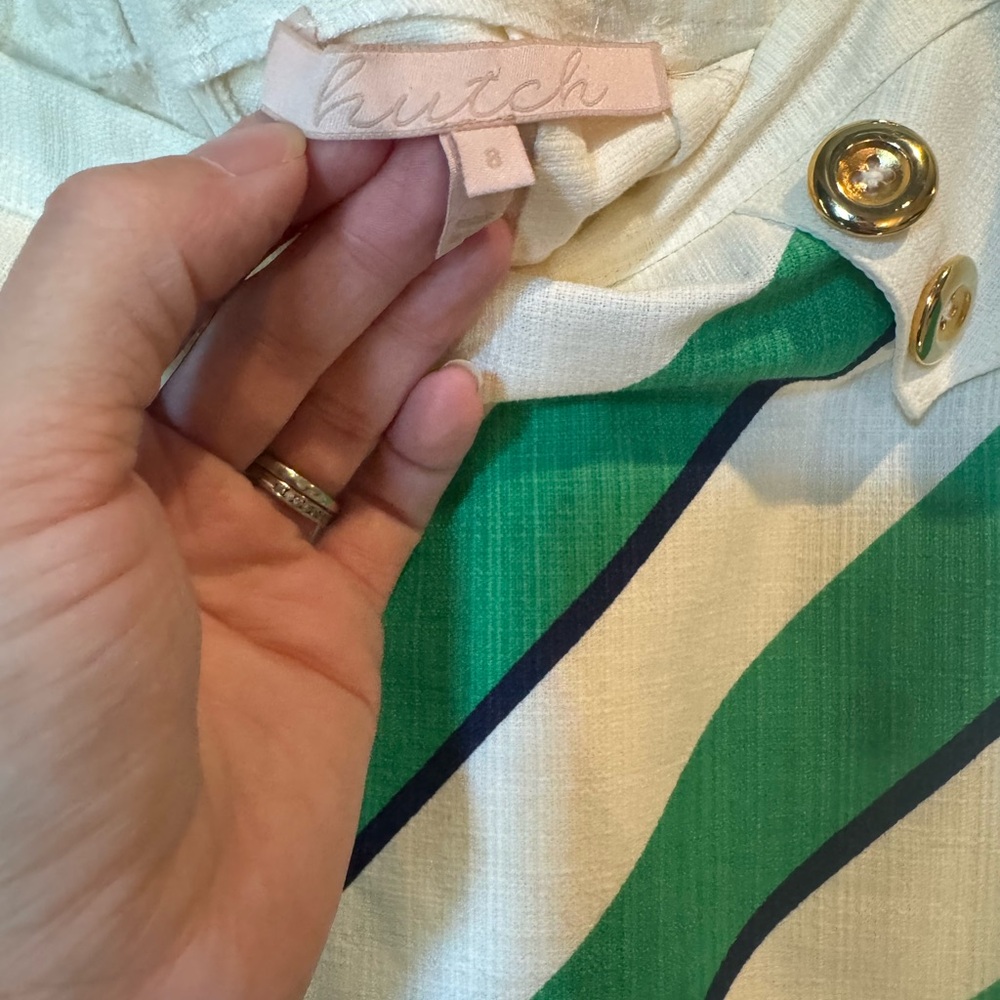 Anthropologie hutch brand mini skirt, beige, green, navy blue, and gold buttons - Picture 4 of 6